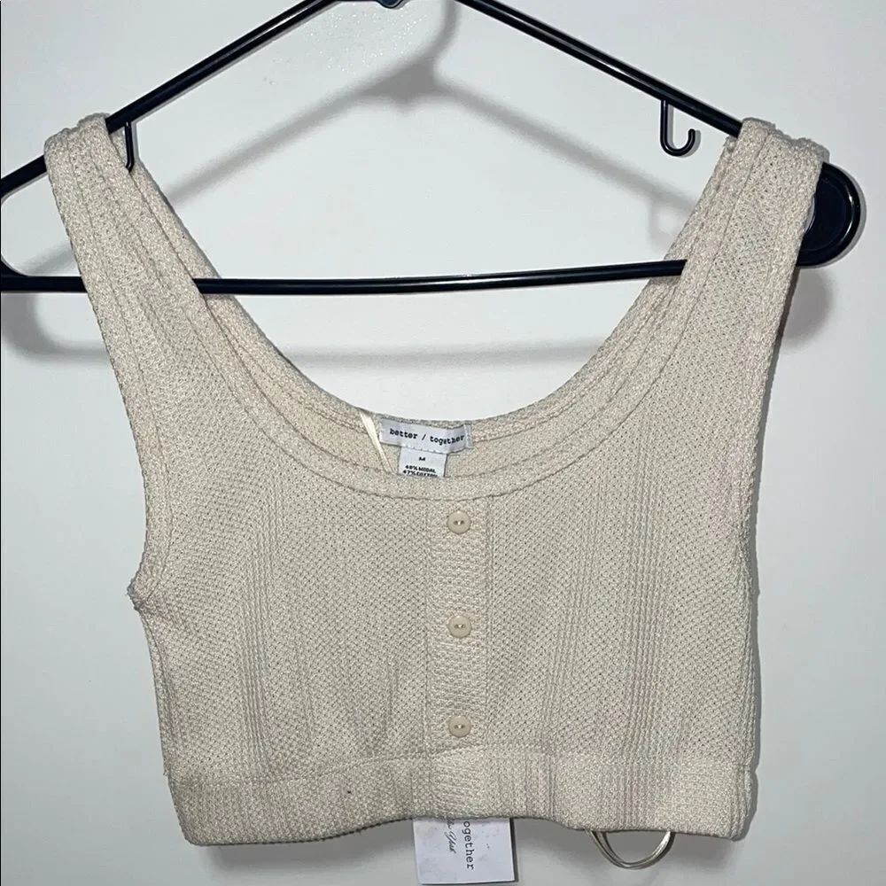 Cream Ribbed Buttoned Crop Tank Top